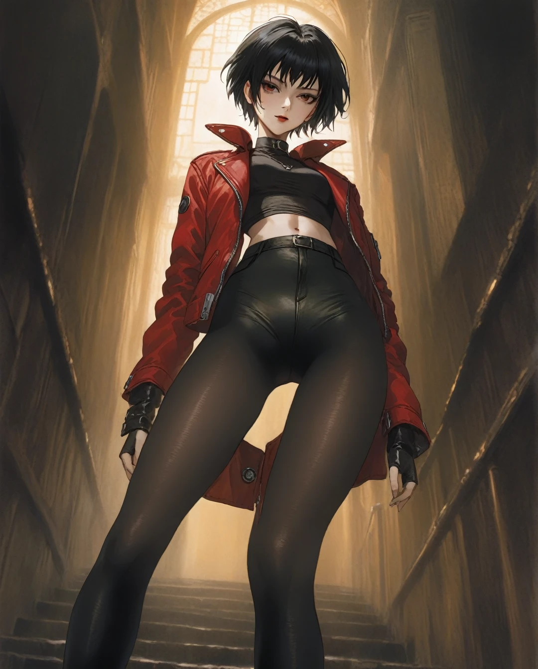 amano yoshitaka, a full-body, high-resolution anime style of A woman with black pixie cut hair, dressed in black tights, black boots, black crop top, and red leather jacket