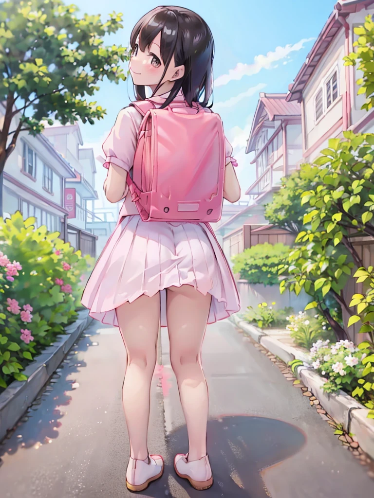 Pink Shirt、White panties、(Town、garden、street、Outdoor)、Carrying a school bag、(garden、wood々、null、Outdoor)、Accidental exposure、Skirt flip、Back view、Back view、Watching the viewer、Happy smile、