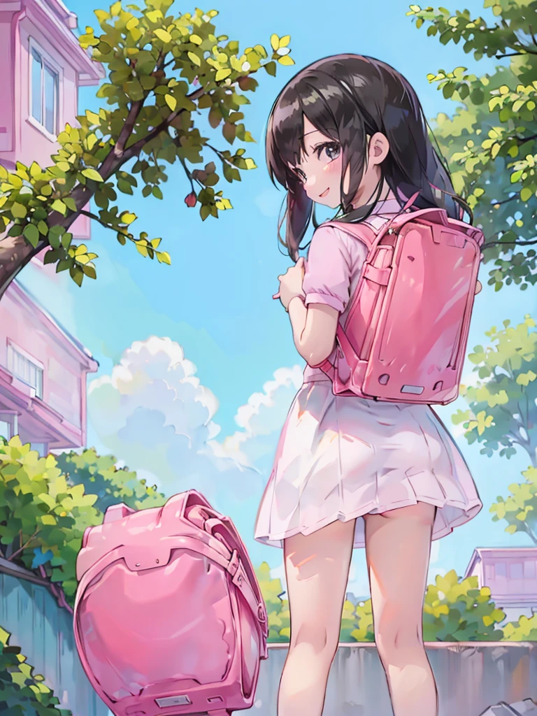 Pink Shirt、White panties、(Town、garden、street、Outdoor)、Carrying a school bag、(garden、wood々、null、Outdoor)、Accidental exposure、Skirt flip、Back view、Back view、Watching the viewer、Happy smile、