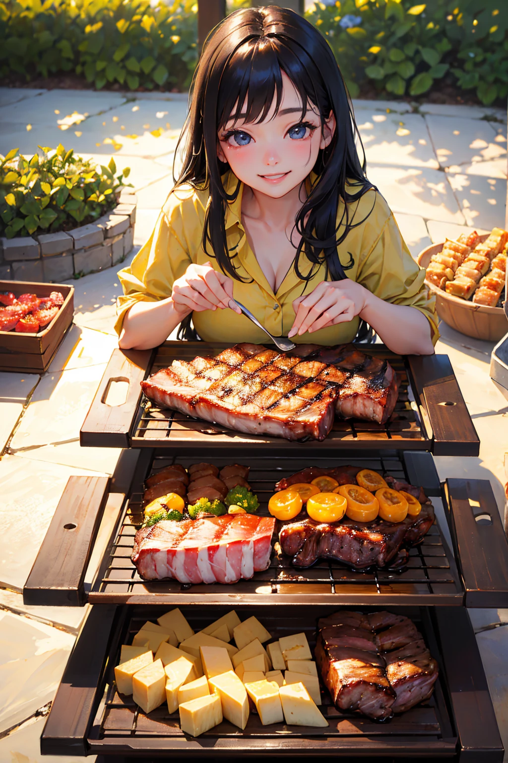 Photorealistic、Highest quality、Highest Resolution、Highest quality、８Ｋ、1人のBeautiful woman、Beautiful woman、Beautiful woman、looks fun、smile、Smile、Grilled meat、BBQ、Grilling meat、eating meat、Grilled meat、looks delicious、