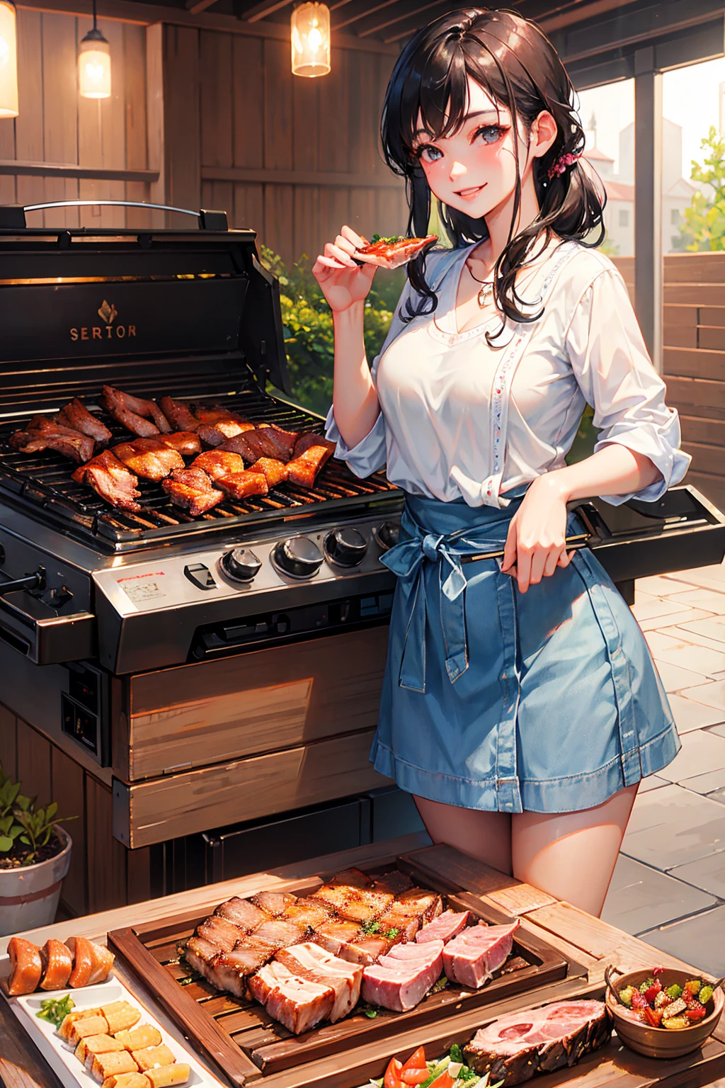 Photorealistic、Highest quality、Highest Resolution、Highest quality、８Ｋ、1人のBeautiful woman、Beautiful woman、Beautiful woman、looks fun、smile、Smile、Grilled meat、BBQ、Grilling meat、eating meat、Grilled meat、looks delicious、