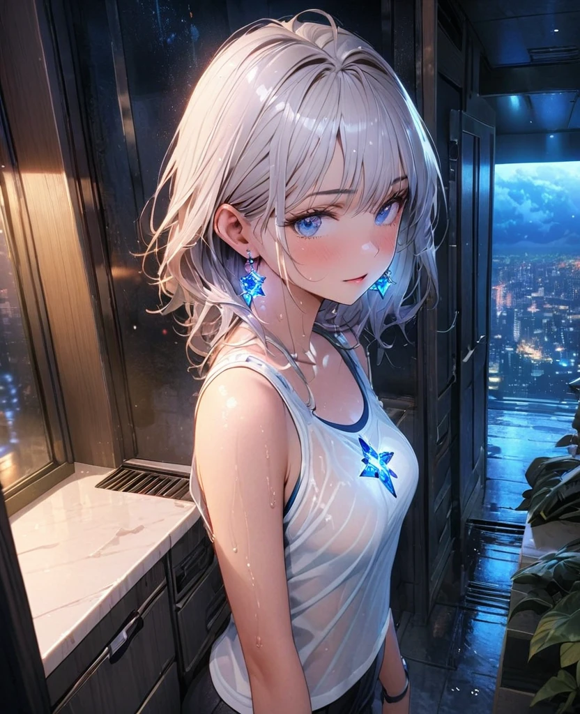 8K,gal,Beautiful and realistic skin,Shiny jewel-like earrings,blue glowing tattoo,Long silver hair,blue eyes,whole body,Night view,Tank top,Panties,Rainy night,Inside the room,Sparkling landscape,