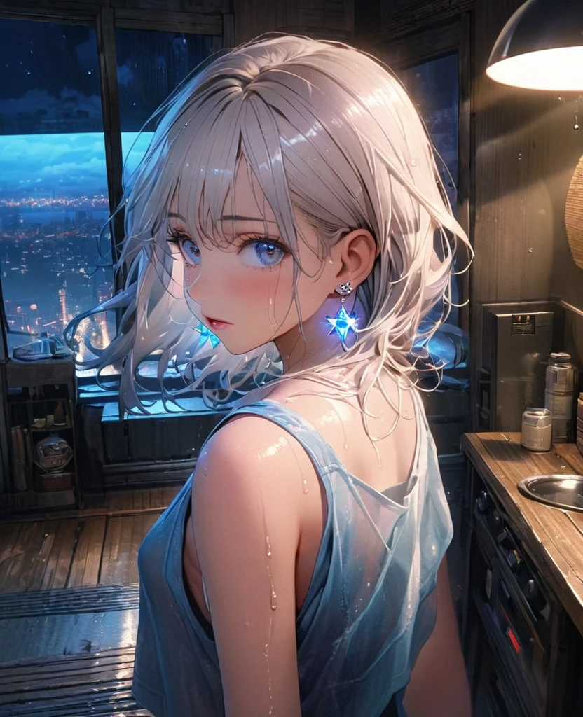 8K,gal,Beautiful and realistic skin,Shiny jewel-like earrings,blue glowing tattoo,Long silver hair,blue eyes,whole body,Night view,Tank top,Wet day,Inside the room,Sparkling landscape,