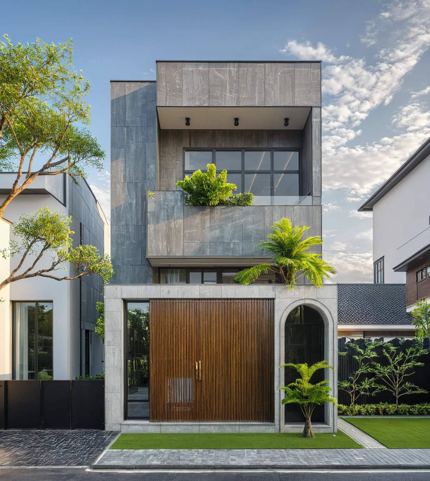 modern townhouse on street, (daylight), tropical tree, vivid color, streetcapes, nice sky, grey tone, large glass door, warm interior lighting, modern material, best quality, ultra realistic, masterpiece, 17ArchiAI_XL_VL-v1