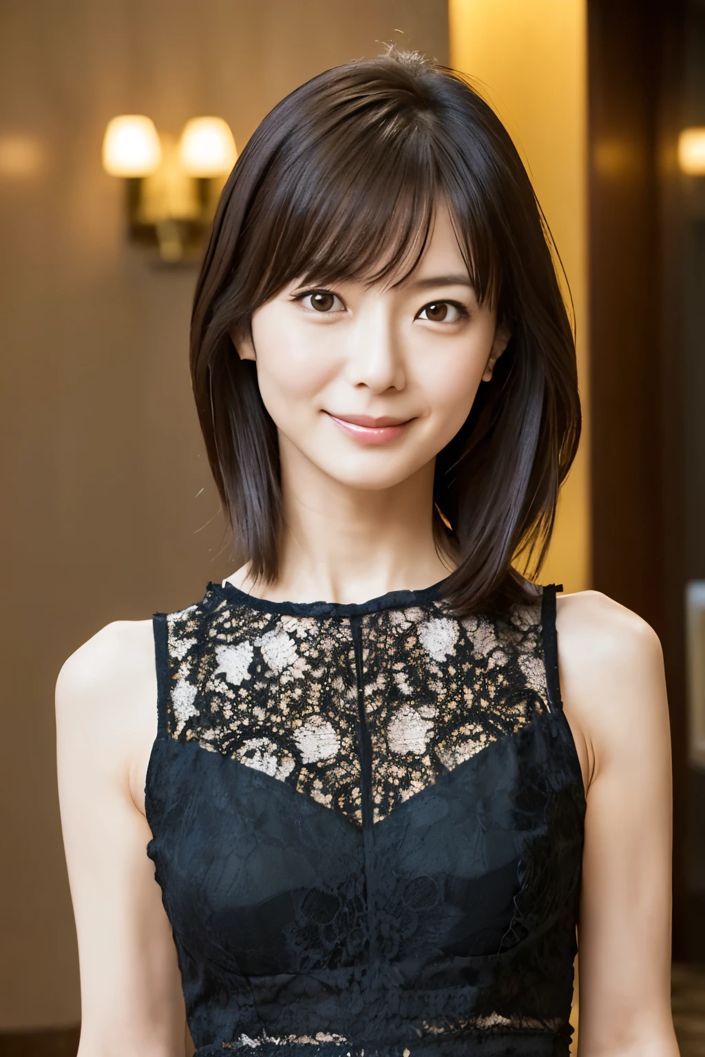 A skinny Japanese woman, {30|40} years old, 1girl, cute face, slight smile, ((detailed face, detailed eyes)), black {short|long} hair, medium breasts, very thin waist, correct human body structure, See-through lace mini dress, standing in a hotel lobby, (full body photo),