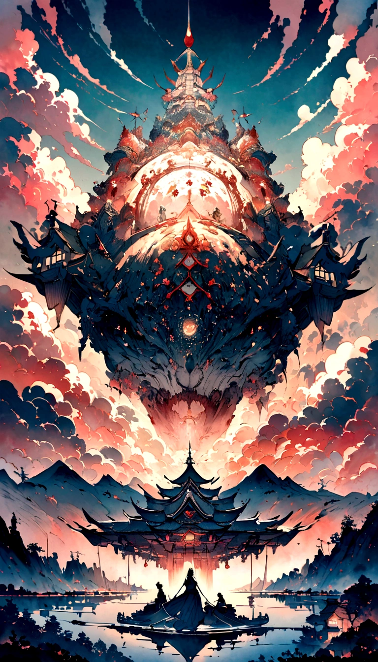 In Chinese landscape painting、Use the ink and watercolor style、The work is created by applying ink to the screen.、From distant views to ultra-wide angles、Depicts detailed landscapes.。A light boat floats in the distance、Attention to detail is compromised、Low saturation、Beautiful low-contrast tones。A light ship crosses ten thousand mountains、It was made as a masterpiece,Beautiful detail and precision。This is T's masterpiece.、"Amaterasu Oomikami"Also、The following elements are also generated:。