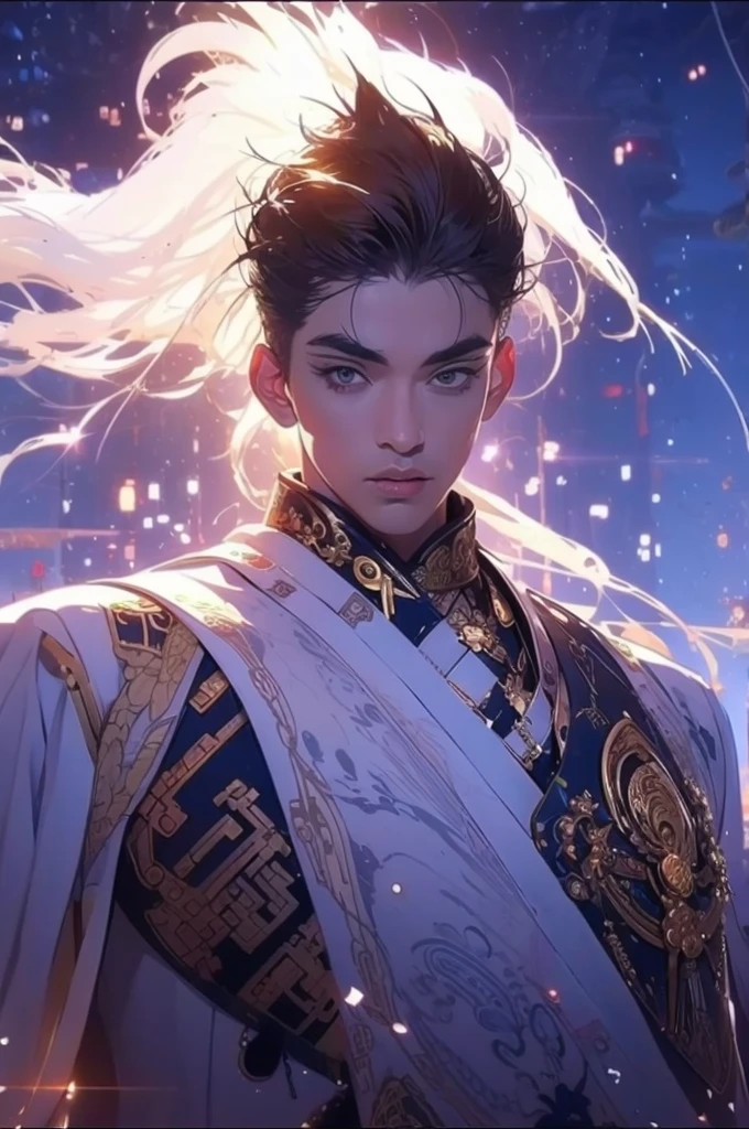 a man in a white robe, a sword in his left hand, young and handsome man, ponytail, waist-long hair, ancient Chinese clothing, qi, a huge saber, ancient Chinese buildings in the background, night, powerful character, purple rays, a beautiful landscape. Detailed face, thick eyebrows, black eyes, 8k, robe embroidered with gold edges, detailed clothing, xianxia, ​​world of cultivation. ((upper body))