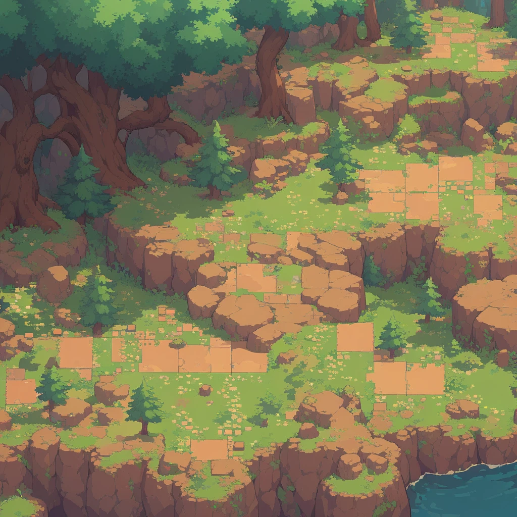 retro video game style,pixelated, vibrant pastel colors,8-bit characters,blocky shapes,sharp lines,detailed shading,classic gaming vibe,nostalgic atmosphere,classic arcade games,masterpiece:1.2,ultra-detailed,illustration style, 2d texture, stone texture, 4 k seamless mud texture, video game texture, dirt texture, tileset, game tiles, grass, trees, rock texture, detailed trees, topdown view, game texture, game art, tileable texture, very detailed cliff texture, intricate stones, top down view, 3/4th perspective
