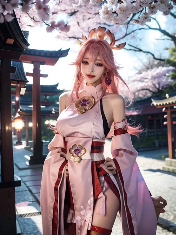 1girl, (ulzzang-6500:0.725), kpop idol, yae miko, detached sleeves, bare shoulders, pink hair, long hair, best quality, (photorealistic:1.2), (hair ornament:1.35), jewelry, purple eyes, earrings,, large breasts, torii, cherry blossoms, lantern light, depth of field, detailed face, face focus, (looking at viewer:1.25), shiny skin, long sleeves, smile, thick lips, game cg, thighhighs, hands on lips, east asian architecture, blurry background, full body, arms behind back