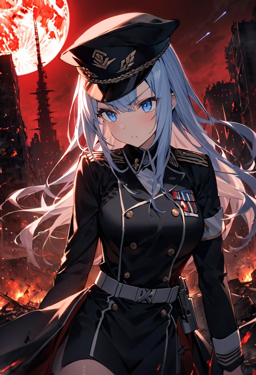 Facing forward　girl　Military uniforms with a white base and some black　Spectacular Background　A shooting star is falling　Beautiful night view　　　She is on the right　On the left you can see the destroyed city.　He has a gun　　　服にはplaneが描かれています　背景の上部にはFighterが飛んでいます　Red Moon　blue eyes　　There is one person　light blue long hair　wearing a military cap　war　I'm wearing pants　Precision　masterpiece　girlにクローズアップ　girlを正面から見ています　short hair　soldier　battlefield　{超Precision} Satanic　She's angry　But I&#39;m angry　Hanging eyes　Anime Style　 {war} {Gunfight} {Fighterの擬人化} Fighter　tank　Battleship　plane　Thunder Day　Mechanical Man　宇宙Battleshipヤマトの武装をつけています　A dignified expression　F-16Fighterの翼を背中につけています