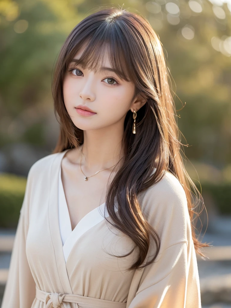  ((Highest quality, 8K, masterpiece:1.3)), concentrate: 1.2, Perfect body beauty: 1.4, Hips: 1.2, ((Long Hair, chest: 1.2)), (Dry clothes: 1.1) , (clear, Simple Background:1.3), Simple clothes: 1.1, Highly detailed face and skin texture,Delicate eyes, double eyelid, Whitened skin, Rough skin、Long Hair、Earrings with bangs、necklace、 solo、Beige coat、White shirt,  (((Beautiful girl with cute Japan)))、  ((Beautiful Japanese girl 20 years old))、 ((Baby Face))、 (((Slender body)))、  Upper Body，Face focus、necklace，Simple Background，From above， Realistic Hair、 A photograph was taken:Canon EOS R6、135mm、1/1250 seconds、f2.8、ISO400、(Detailed explanation of the hand)、(Masseter muscle area)、(Exquisite CG)、Long Hair, loose and curly hair、Korean Hair、Long Hair明るいベージュ色、グラデーションハイライトグレージュのゆるふわLong Hairスタイル、