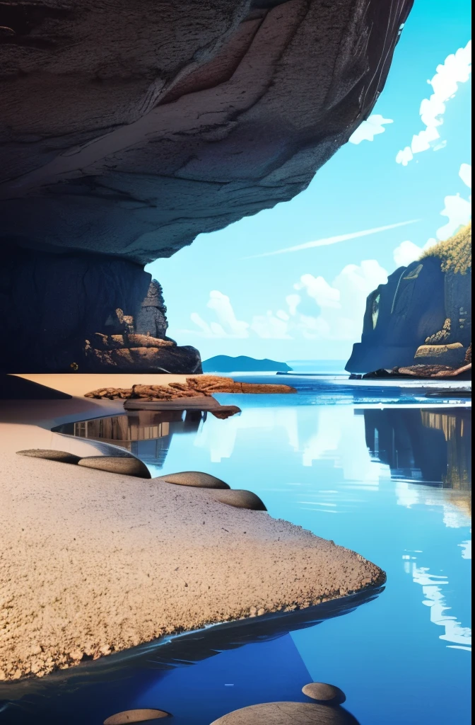 a view of a beach with rocks and water in the middle, by Mike Winkelmann, by Mike "Beeple" Winkelmann, realism | beeple, beeple |, wide angle fantasy art, beeple and mike winkelmann, by Beeple, by Martin Deschambault, surrealism!!!!! concept art