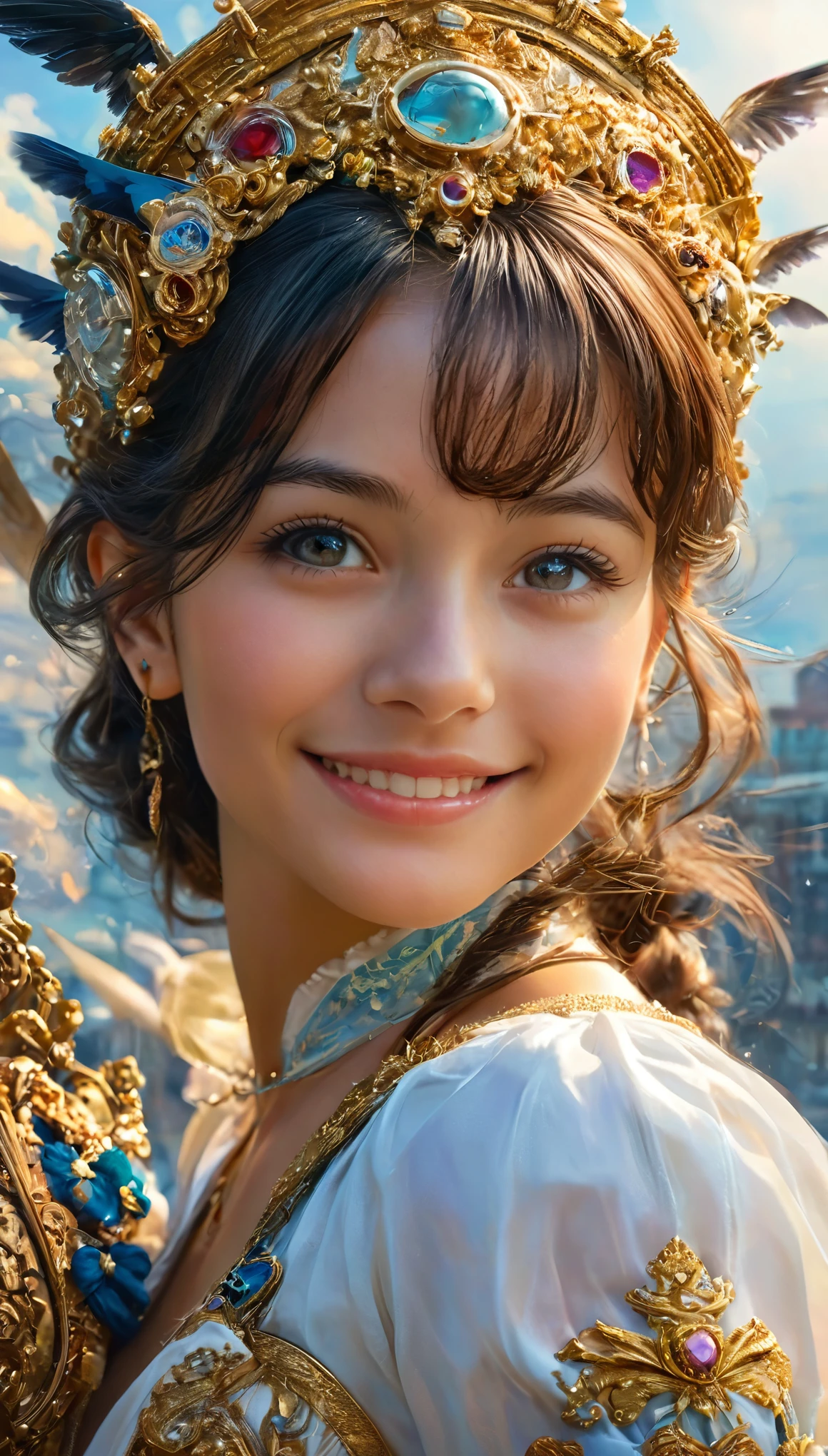 (shoot from front:1.2)Highest quality,4K,8K,High resolution,masterpiece,Has a shiny gem,goddess,Shrine maiden,short hair,Big eyes,Light brown hair,Mysterious atmosphere,smile,Small face,Gorgeous curly hair,Slim figure