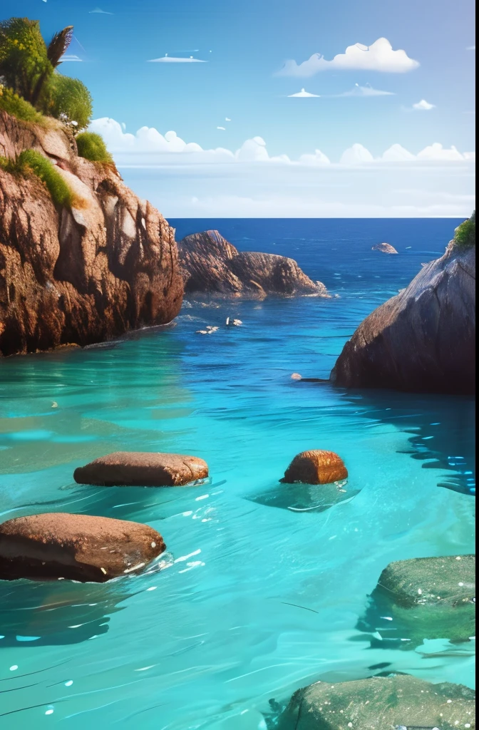 a view of a beach with rocks and water in the middle, by Mike Winkelmann, by Mike "Beeple" Winkelmann, realism | beeple, beeple |, wide angle fantasy art, beeple and mike winkelmann, by Beeple, by Martin Deschambault, surrealism!!!!! concept art