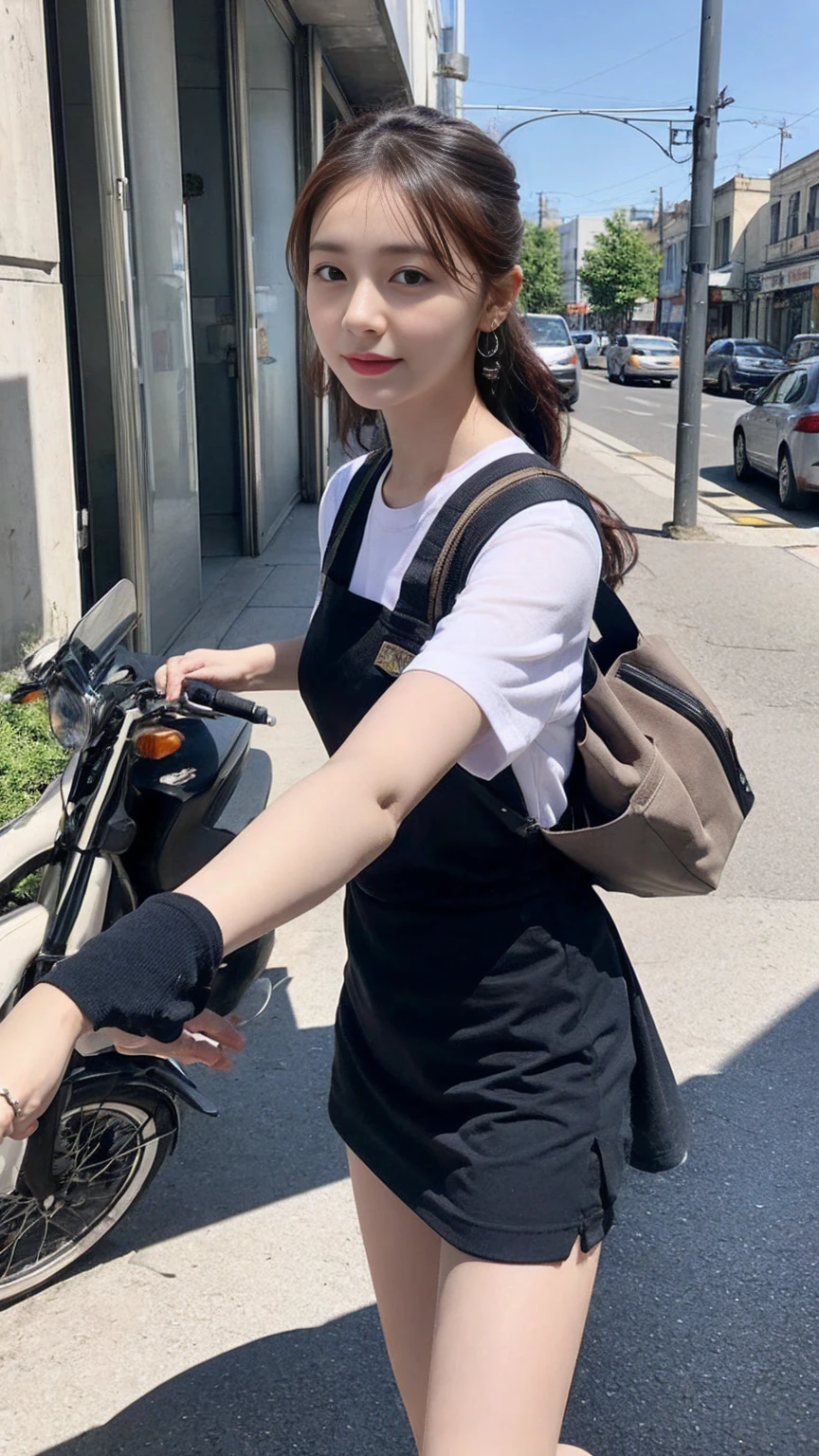 Female courier, Touring, On the way to deliver a parcel, On the streets of the city, High detail, 4K, masterpiece.