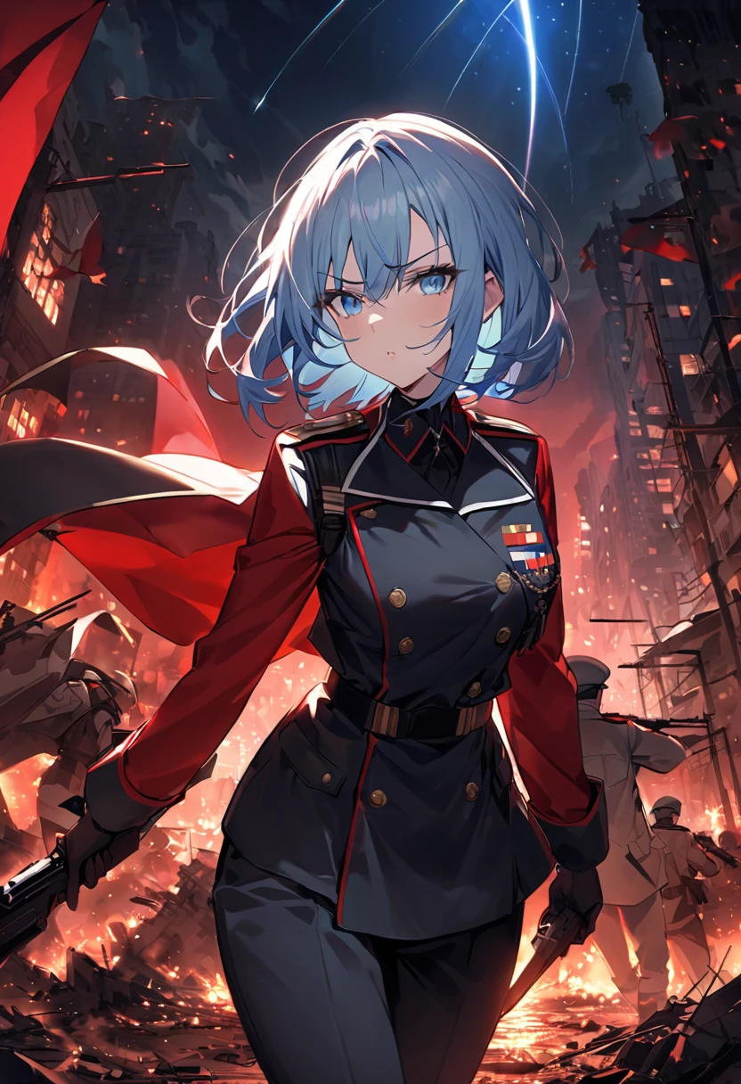 Facing forward　girl　Military uniforms with a white base and some black　Spectacular Background　A shooting star is falling　Beautiful night view　　　She is on the right　On the left you can see the destroyed city.　He has a gun　　　服にはplaneが描かれています　背景の上部にはFighterが飛んでいます　Red Moon　blue eyes　　There is one person　light blue long hair　wearing a military cap　war　I'm wearing pants　Precision　masterpiece　girlにクローズアップ　girlを正面から見ています　short hair　soldier　battlefield　{超Precision} Satanic　She's angry　But I&#39;m angry　Hanging eyes　Anime Style　 {war} {Gunfight} {Fighterの擬人化} Fighter　tank　Battleship　plane　Thunder Day　Mechanical Man　宇宙Battleshipヤマトの武装をつけています　A dignified expression　F-16Fighterの翼を背中につけています