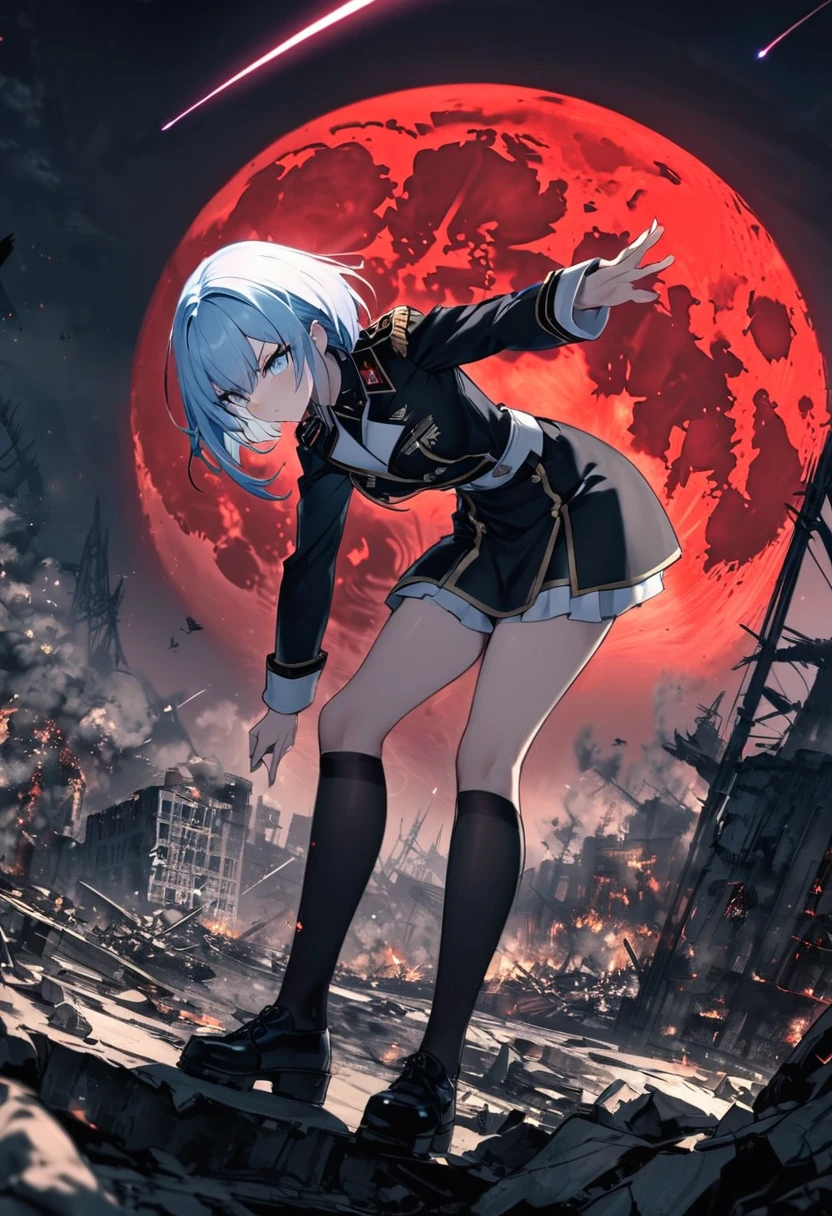 Facing forward　girl　Military uniforms with a white base and some black　Spectacular Background　A shooting star is falling　Beautiful night view　　　She is on the right　On the left you can see the destroyed city.　He has a gun　　　服にはplaneが描かれています　背景の上部にはFighterが飛んでいます　Red Moon　blue eyes　　There is one person　light blue long hair　wearing a military cap　war　I'm wearing pants　Precision　masterpiece　girlにクローズアップ　girlを正面から見ています　short hair　soldier　battlefield　{超Precision} Satanic　She's angry　But I&#39;m angry　Hanging eyes　Anime Style　 {war} {Gunfight} {Fighterの擬人化} Fighter　tank　Battleship　plane　Thunder Day　Mechanical Man　宇宙Battleshipヤマトの武装をつけています　A dignified expression　F-16Fighterの翼を背中につけています