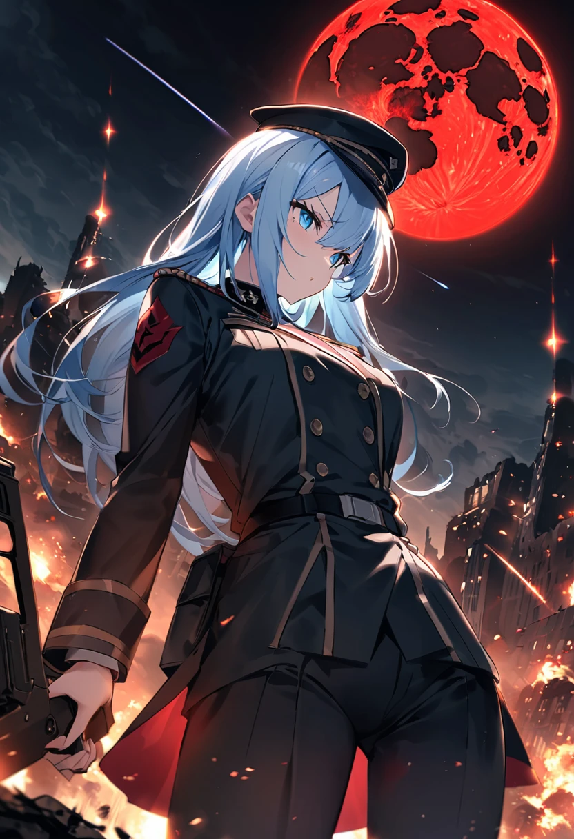 Facing forward　girl　Military uniforms with a white base and some black　Spectacular Background　A shooting star is falling　Beautiful night view　　　She is on the right　On the left you can see the destroyed city.　He has a gun　　　服にはplaneが描かれています　背景の上部にはFighterが飛んでいます　Red Moon　blue eyes　　There is one person　light blue long hair　wearing a military cap　war　I'm wearing pants　Precision　masterpiece　girlにクローズアップ　girlを正面から見ています　short hair　soldier　battlefield　{超Precision} Satanic　She's angry　But I&#39;m angry　Hanging eyes　Anime Style　 {war} {Gunfight} {Fighterの擬人化} Fighter　tank　Battleship　plane　Thunder Day　Mechanical Man　宇宙Battleshipヤマトの武装をつけています　A dignified expression　F-16Fighterの翼を背中につけています