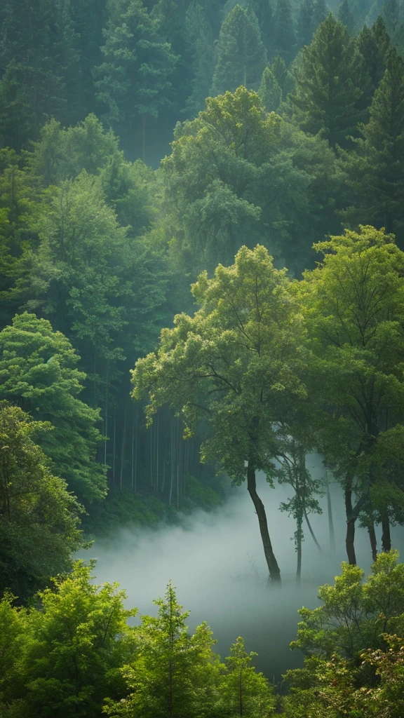 Photo-realistic landscapes,aerial photograph,Foggy forest,Bent Tree,32k