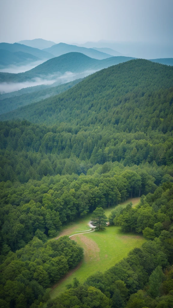 Photo-realistic landscapes,aerial photograph,Foggy forest,Bent Tree,32k