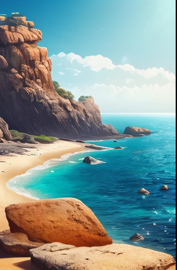 a view of a beach with rocks and water in the middle, a matte painting by Mike Winkelmann, trending on cgsociety, fantasy art, realism | beeple, beeple |, wide angle fantasy art, beeple and mike winkelmann, surrealism!!!!! concept art, epic matte painting of an island, impressive fantasy landscape, beautiful detailed scene