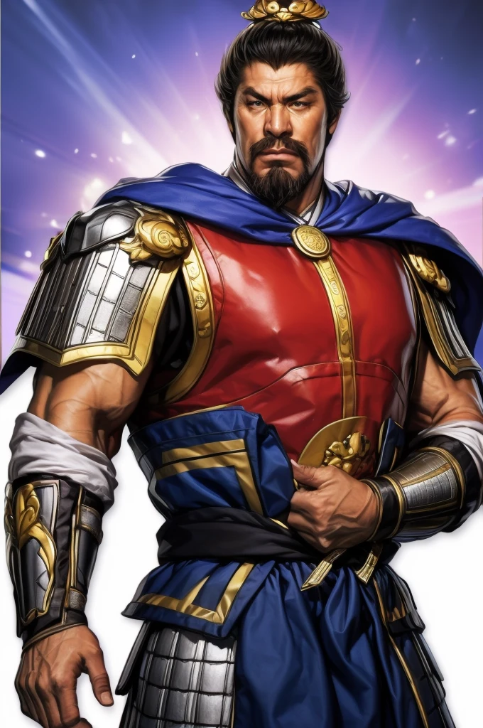 8K,middle aged man,oriental armor(The elaborately crafted coat of arms of a nobleman),ultra high resolution,surreal,realistic skin,Black hair short hair,big black eyes,clear eye description, muscular body,waist armor,delicate hands, Perfect hand shape, character art, action pose,masterpiece,Realistic RAW photos of the highest quality,bright colors,rich colors, backlight, movie lights, film grain,50mm lens