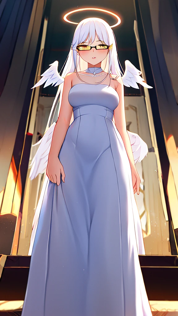 An 18 year old female angel with long, white hair, yellow eyes, white cat ears, and large white angel wings. yellow halo ring round white glasses (White evening dress, sexy long skirt) Hand touching lips, standing, looking down