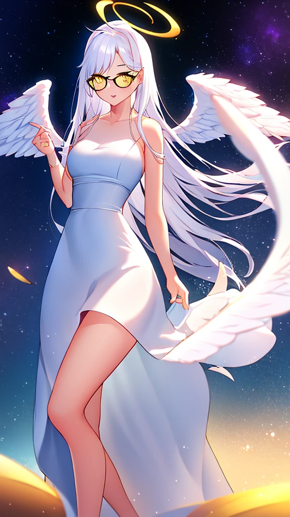 An 18 year old female angel with long, white hair, yellow eyes, white cat ears, and large white angel wings. yellow halo ring round white glasses (White evening dress, sexy long skirt) Hand touching lips, standing, looking down