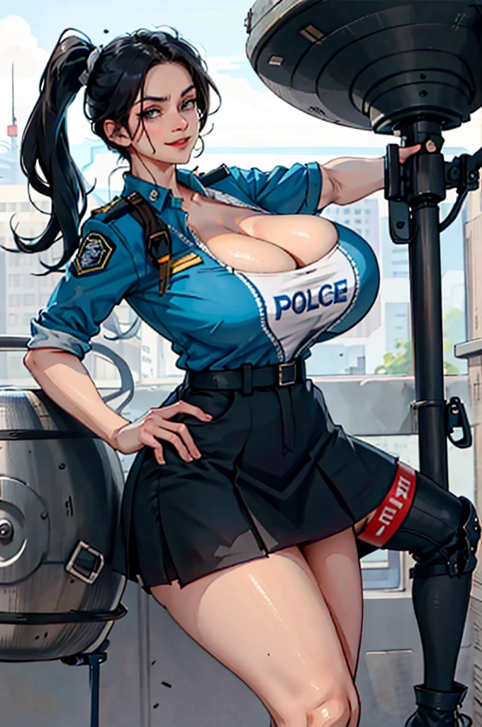 Close-up of a policewoman in a police uniform posing for a photo, Short teal And black  hair, Light blue shirt, smiling,  black miniskirt , Jumpsuits, Black boots, Busty, Sexy girl, Jaw-dropping beauty, with beautiful exotic, cleavage, Very sexy, Looks hot, jaw-droppingly beautiful, Sexy look, beautiful upper body, Attractive body, Clothing that exposes, thicc, Large bust, With large breasts, sie boob, really large bust, huge tit, Ruddy cheeks, perspire, Soak the whole body in milk, A look of shame, Standing in a dimly lit iron cell