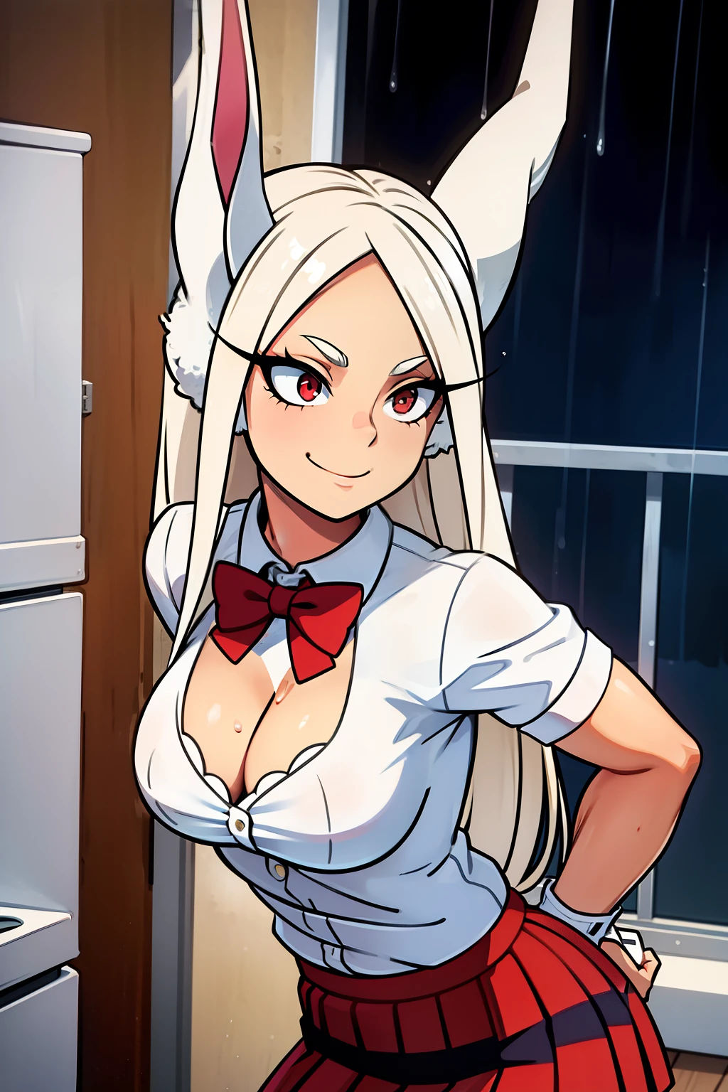 cute girls,round red eyes, White hair、Is behind,rabbit ears,big butt,sexy、smiling,Medium to long straight hairstyle、(big tits,she wears a plaid skirt,In a rental house,Is behind,evening,it was raining outside,Upper body is wet..,whole body,she wears a plaid skirt,she wears a red bra,sexy