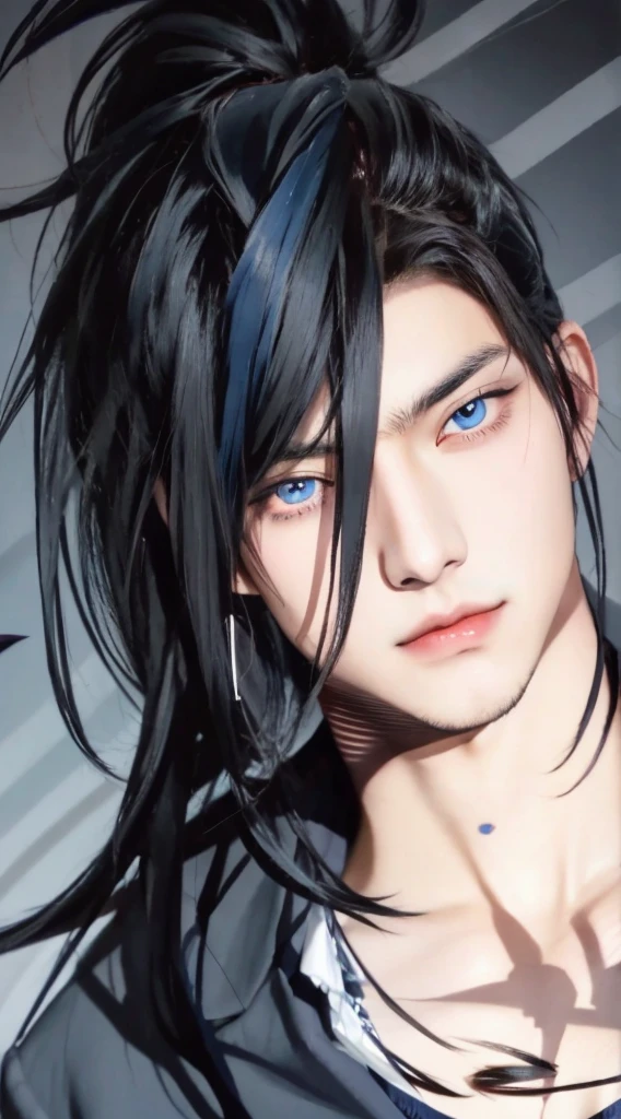 anime boy with orange black hair and dark blue eyes in a suit, anime guy with dark blue eyes, anime handsome man, realistic, ultra details