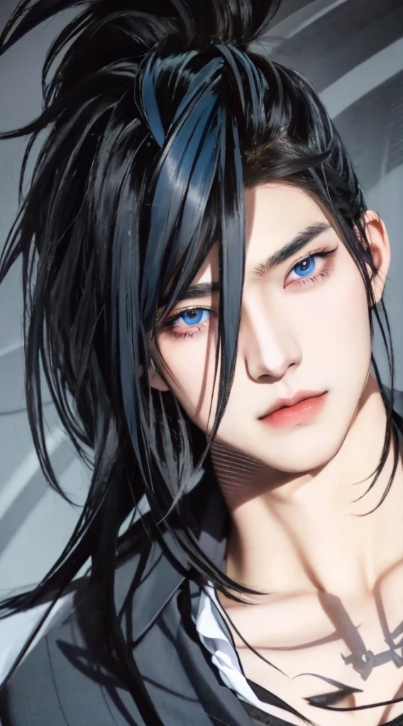 anime boy with orange black hair and dark blue eyes in a suit, anime guy with dark blue eyes, anime handsome man, realistic, ultra details