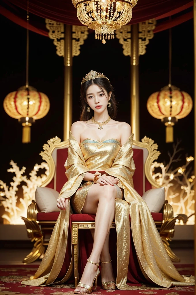 (((best quality))),(((ultra detailed))),(((masterpiece))),illustration,1 girl,solo,slim,thin,shoulder length straight bob hair,earrings,necklace,small breasts,flat chest,slender legs,high heels,Asian appearance,princess,royal,Chinese palace,night scene,magnificent dragon gown,golden crown,intricate embroidery,luxurious fabric,precious stones,(sitting on the metallic throne:1.3),decorative patterns,rich decorations,luxurious furnishings,regal charm,beautiful face,gentle smile,bright eyes,historical,traditional,city lights,modernity,frozen moment,beauty of the past,evolution of time,from front,full body,arms behind back