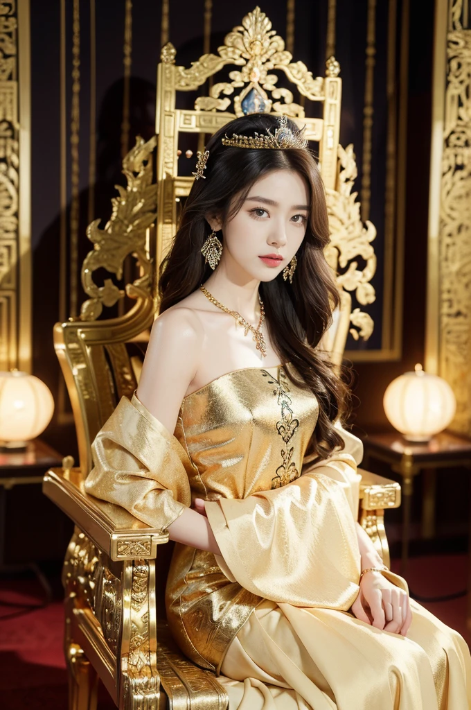 (((best quality))),(((ultra detailed))),(((masterpiece))),illustration,1 girl,solo,slim,thin,shoulder length straight bob hair,earrings,necklace,small breasts,flat chest,slender legs,high heels,Asian appearance,princess,royal,Chinese palace,night scene,magnificent dragon gown,golden crown,intricate embroidery,luxurious fabric,precious stones,(sitting on the metallic throne:1.3),decorative patterns,rich decorations,luxurious furnishings,regal charm,beautiful face,gentle smile,bright eyes,historical,traditional,city lights,modernity,frozen moment,beauty of the past,evolution of time,from front,full body,arms behind back