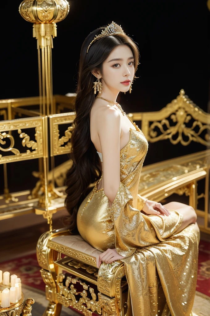 (((best quality))),(((ultra detailed))),(((masterpiece))),illustration,1 girl,solo,slim,thin,shoulder length straight bob hair,earrings,necklace,small breasts,flat chest,slender legs,high heels,Asian appearance,princess,royal,Chinese palace,night scene,magnificent dragon gown,golden crown,intricate embroidery,luxurious fabric,precious stones,(sitting on the metallic throne:1.3),decorative patterns,rich decorations,luxurious furnishings,regal charm,beautiful face,gentle smile,bright eyes,historical,traditional,city lights,modernity,frozen moment,beauty of the past,evolution of time,from front,full body,arms behind back