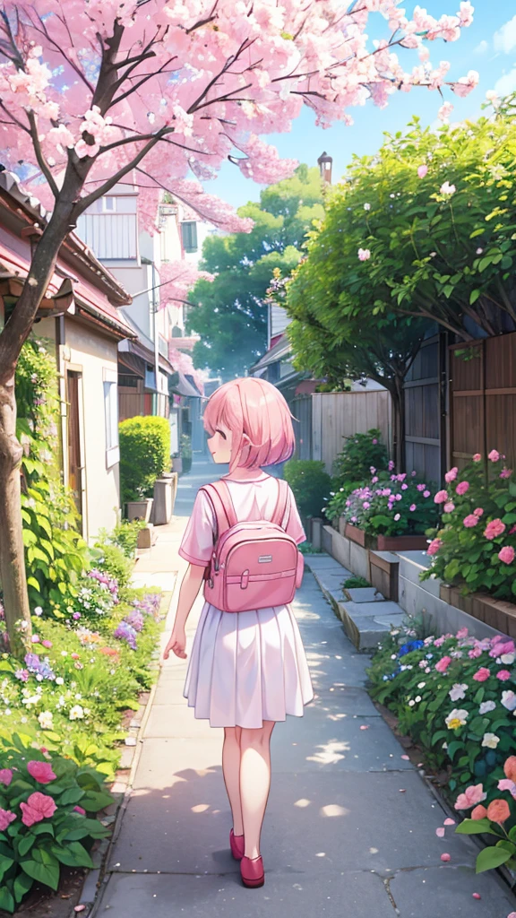 Pink Shirt、White panties、(Town、garden、street、Outdoor)、Carrying a school bag、(garden、wood々、null、Outdoor)、Accidental exposure、Skirt flip、Back view、Back view、Watching the viewer、Happy smile、