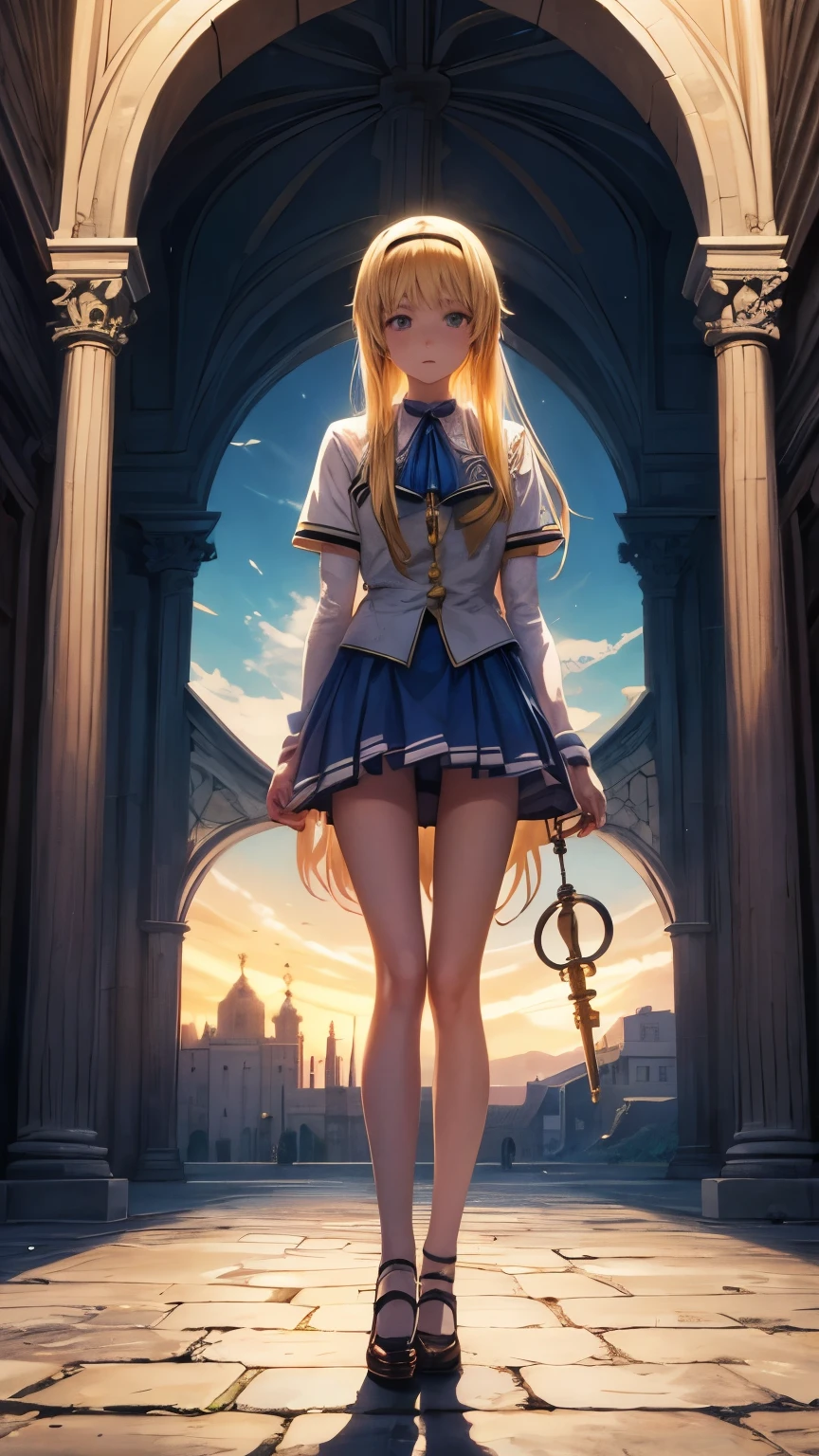 Gloria Pizzilli, Emiliano Ponzi, Elzbieta Gaudasinska, Elzbieta, Ignacy Witz, Surrealism, strange, strange, fantastical, fantasy, Sci-fi, Japanese anime, the heavenly desire device of Alice, a beautiful blonde miniskirt girl, perfect voluminous body, the night of the circus, thinking about architecture and painting using ruins as the key, detailed masterpiece 