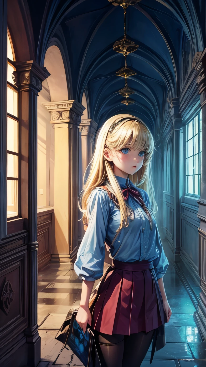 Gloria Pizzilli, Emiliano Ponzi, Elzbieta Gaudasinska, Elzbieta, Ignacy Witz, Surrealism, strange, strange, fantastical, fantasy, Sci-fi, Japanese anime, the heavenly desire device of Alice, a beautiful blonde miniskirt girl, perfect voluminous body, the night of the circus, thinking about architecture and painting using ruins as the key, detailed masterpiece