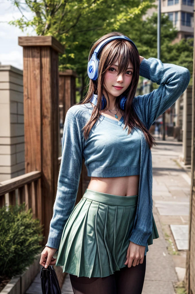 masterpiece, Highest quality, High resolution, nm1, Headphones around the neck, , Long sleeve, Blue cardigan, Green Skirt, pantyhose, Cowboy Shot, Are standing