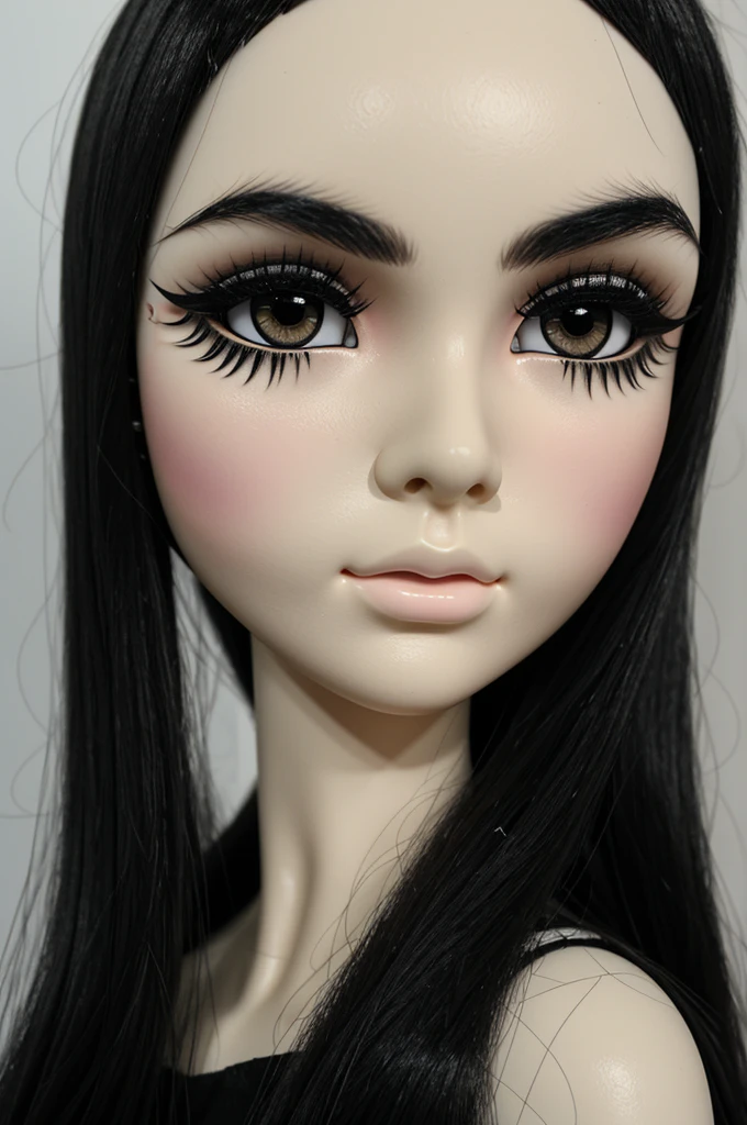 (Blytle doll
with:
• black hair, straight and without fringes
•straight eyebrow
•anime style eyelashes
•a mole above the right eyebrow
•end of the right eyebrow a mole
•Brown eyes
•brown lips