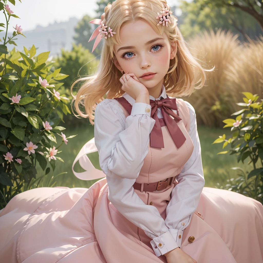 (masterpiece, best quality), 1girl,   MariaCampbell, hair flower, hair ribbon, parted bangs , pink dress, white sleeves, long sleeves, bow, belt