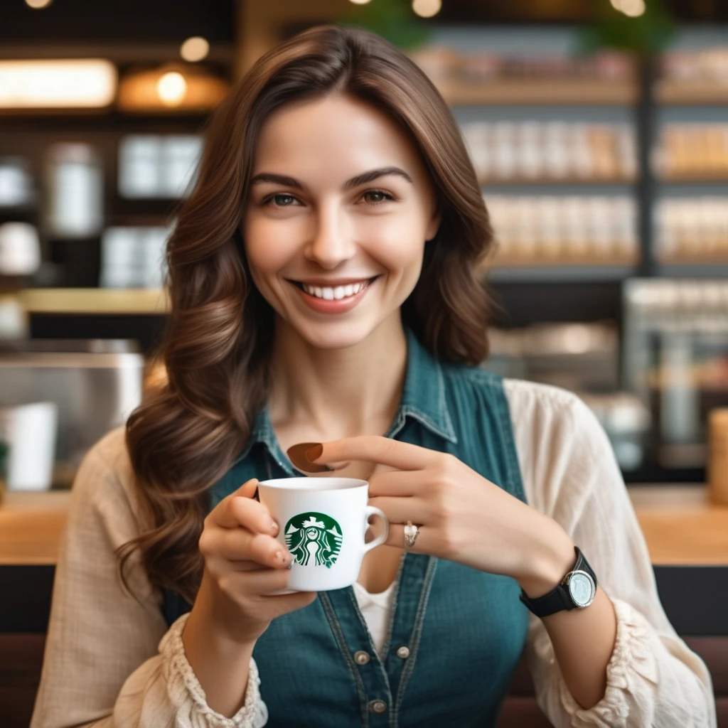 Naked girl, breast, female waiter, in a bar,Starbucks Theme,Naked girl holding a coffee cup,Wooden furniture,bokeh light effect,bright colors,The texture is watery and shiny.,mesmerizing eyes,Long eyelashes,delicate facial features,Beautifully detailed lips,Smooth skin,Those eyes shone like the brightest stars.,Charming smile,