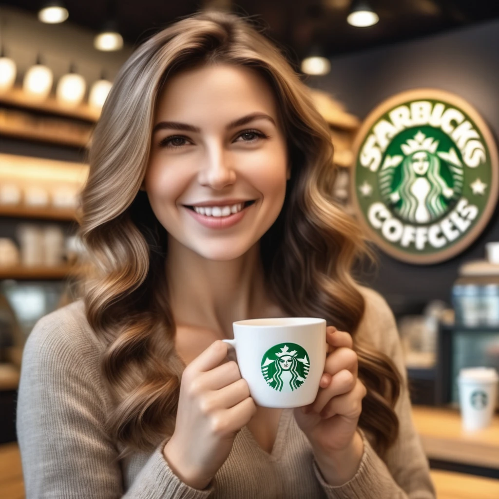A beautiful Western woman enjoying tea with a refreshing smile while holding a cup with the logo in her hand at a Starbucks cafe, detailed hands, fingers, upper body UP, super delicate, photo, 3D