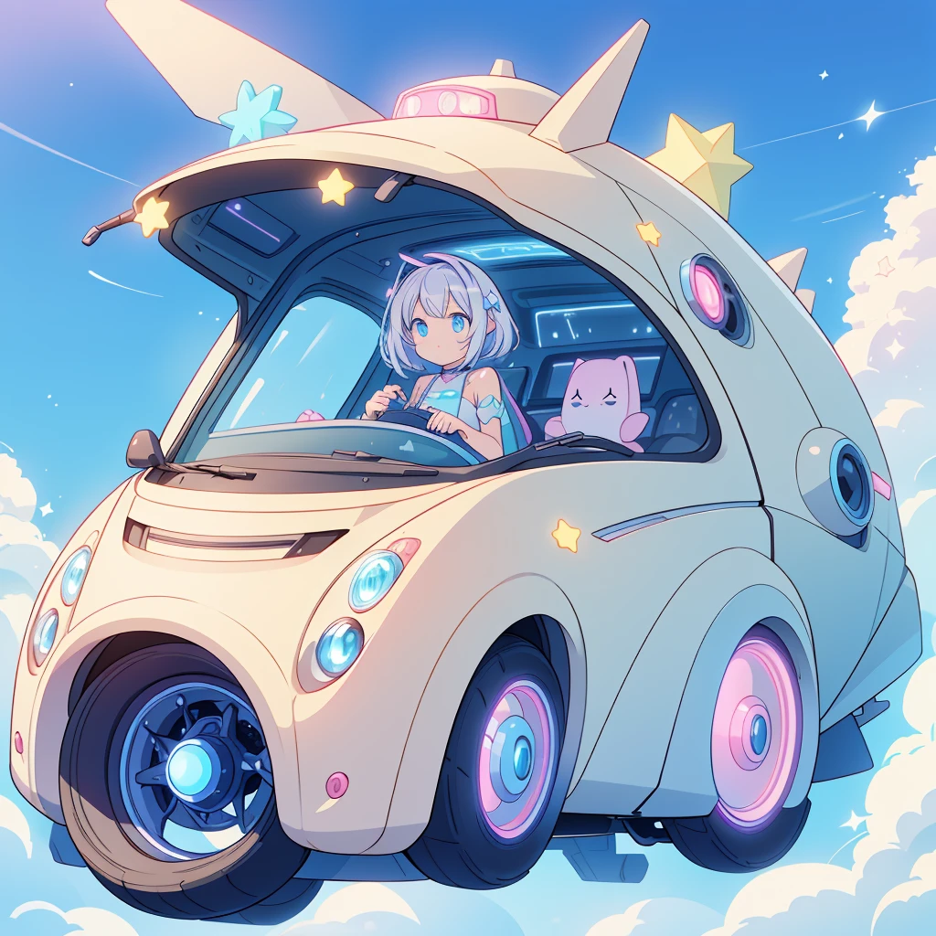 Futuristic flying star-shaped pastel colored vehicle、Kawaii Tech,