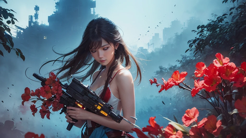 32k, Masterpiece, Highest quality, One girl, Detailed eyes, flower,gladiolus, Light blue and red style,A dreamy, romantic piece,Pale yellow, Mysterious Leaves,A playful arrangement,Fantasy,High Contrast,Ink strokes,explosion,Exposure, Impression of light blue and red tones,Abstract,((Watercolours by John Berkey and Jeremy Mann )) Brush strokes,Negative Space, Tyndall effect,