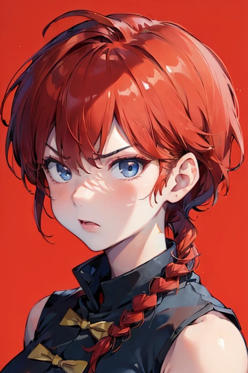 ((masterpiece:1.4)), high quality, very_high_resolution, large_filesize, full color, heavy outline, clear outline, colorful, (beautiful detailed eyes), ((beautiful face:1.0)), ((boyish face:1.4)), 1 girl, (femaleranma), (red hair), short hair, (braided ponytail), ((bangs)), bumpy bangs, blue-gray eyes, big breasts, curvy, femaleranma, braided ponytail, (red chinese clothes), sleeveless, tangzhuang, black pants, cameltoe, standing, upper body, ((from front:1.4)), ((portrait:1.8)), ((face focus:1.4)), (angry),