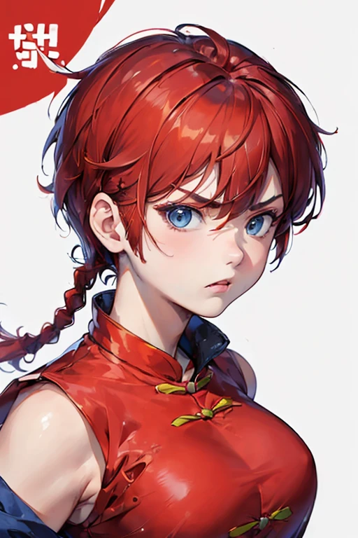 ((masterpiece:1.4)), high quality, very_high_resolution, large_filesize, full color, heavy outline, clear outline, colorful, (beautiful detailed eyes), ((beautiful face:1.0)), ((boyish face:1.4)), 1 girl, (femaleranma), (red hair), short hair, (braided ponytail), ((bangs)), bumpy bangs, blue-gray eyes, big breasts, curvy, femaleranma, braided ponytail, (red chinese clothes), sleeveless, tangzhuang, black pants, cameltoe, standing, upper body, ((from front:1.4)), ((portrait:1.8)), ((face focus:1.4)), (angry),