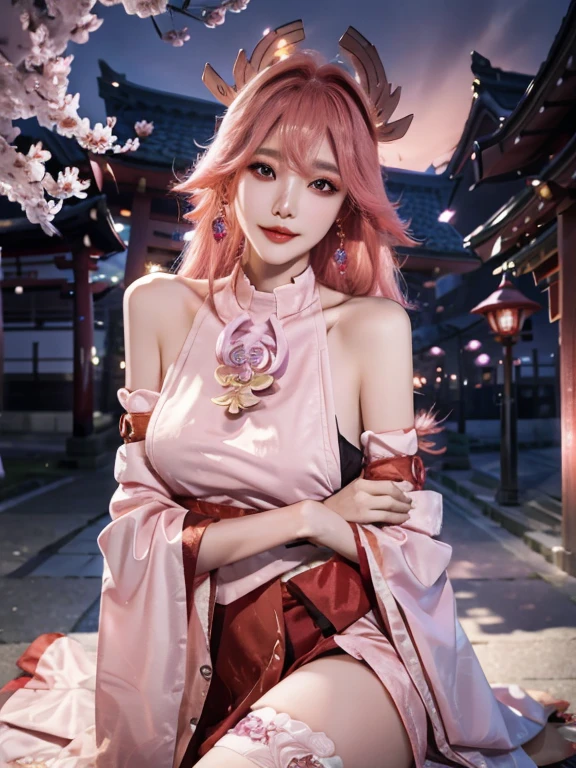 1girl, (ulzzang-6500:0.725), kpop idol, yae miko, detached sleeves, bare shoulders, pink hair, long hair, best quality, (photorealistic:1.2), (hair ornament:1.35), jewelry, purple eyes, earrings,, large breasts, torii, cherry blossoms, lantern light, depth of field, detailed face, face focus, (looking at viewer:1.25), shiny skin, long sleeves, smile, thick lips, game cg, thighhighs, hands on lips, east asian architecture, blurry background, full body, arms behind back
