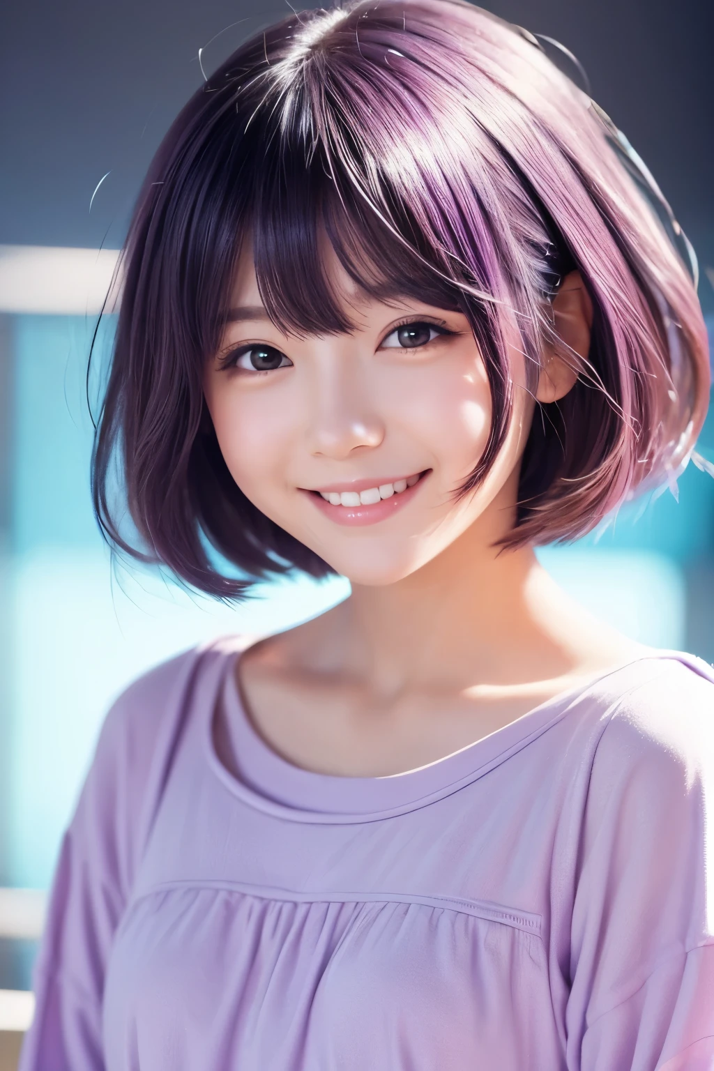 Bob Hair、kind、cute、bright、smile、Anime-style illustrations、Background light purple