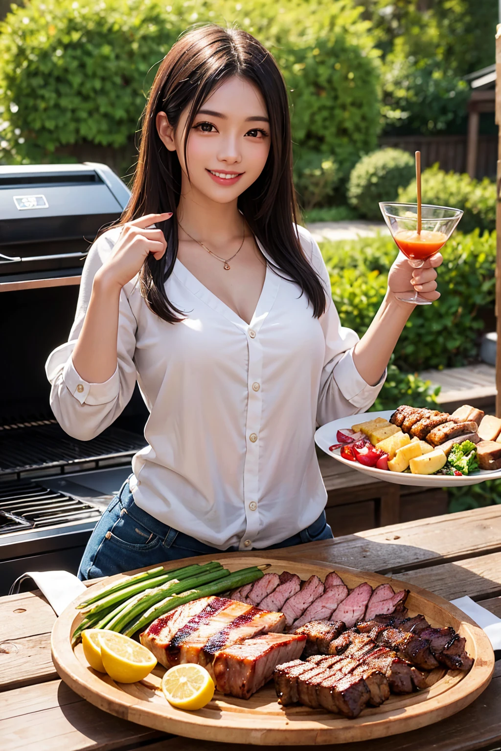 Photorealistic、Highest quality、Highest Resolution、Highest quality、８Ｋ、1人のBeautiful woman、Beautiful woman、Beautiful woman、looks fun、smile、Smile、Grilled meat、BBQ、Grilling meat、eating meat、Grilled meat、looks delicious、